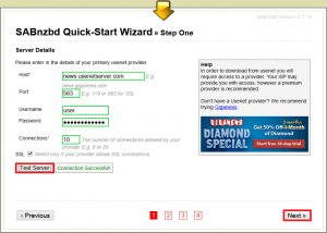 sabnzbd quick start wizard 2 connection successful