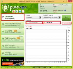 PureVPN Enter username and password