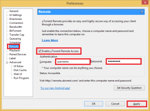 enable utorrent remote access click apply