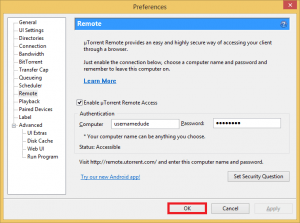 enable utorrent remote access click ok status accessible