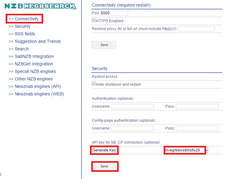 configure nzbmegasearch generate API key