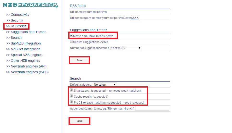 configure nzbmegasearch rss feeds and suggestions