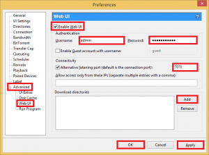 utorrent preferences enable webui