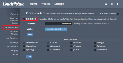 configure couchpotato disable blackhole