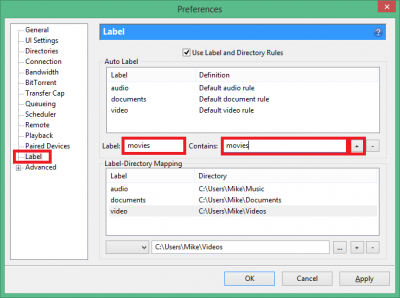 configure couchpotato utorrent custom movies add label