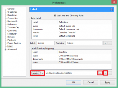 configure couchpotato utorrent custom movies add label directory