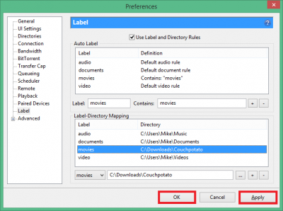 configure couchpotato utorrent custom movies label added