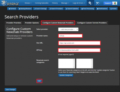 configure sickrage configure custom newznab provider