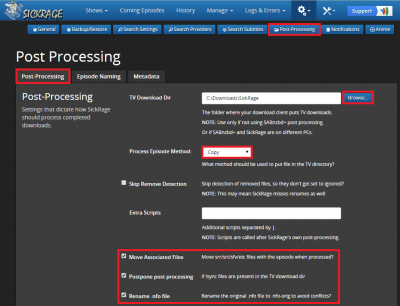 configure sickrage post processing tab 1