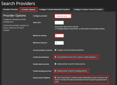configure sickrage provider options kickasstorrents