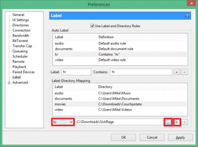 configure sickrage utorrent add label directory
