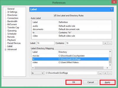 configure sickrage utorrent add tv label directory complete