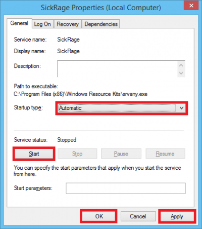 SickRage service change startup type