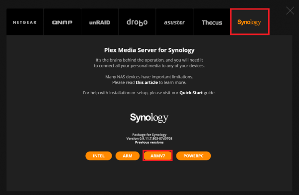 plex media server arm7 choose synology