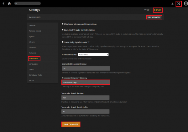 raspberry pi 2 change transcoder path