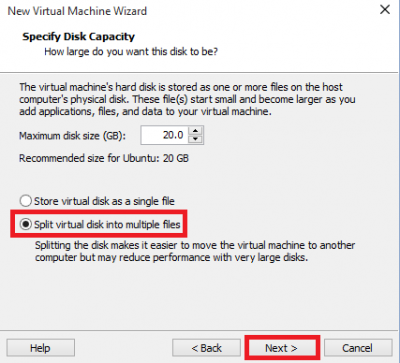 vmware vmplayer choose disk size