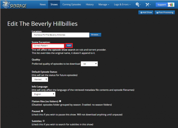 fix sickrage not finding show torrent pattern scene exception  3