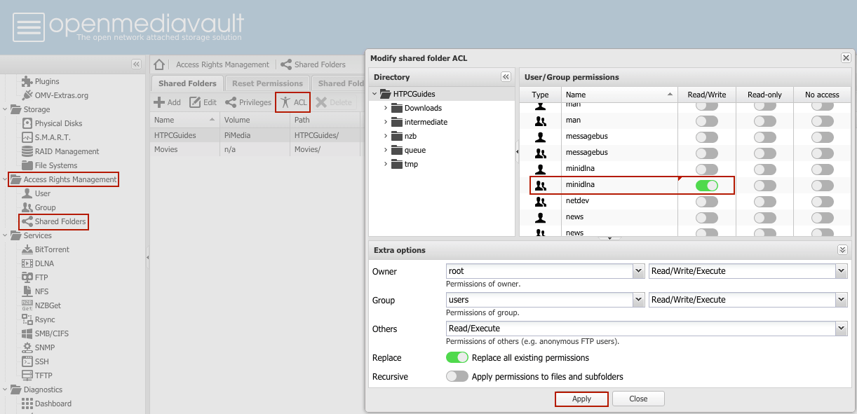 OMV_minidlna_folder_ACL