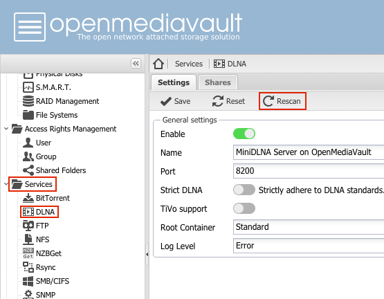 OMV_minidlna_rescan